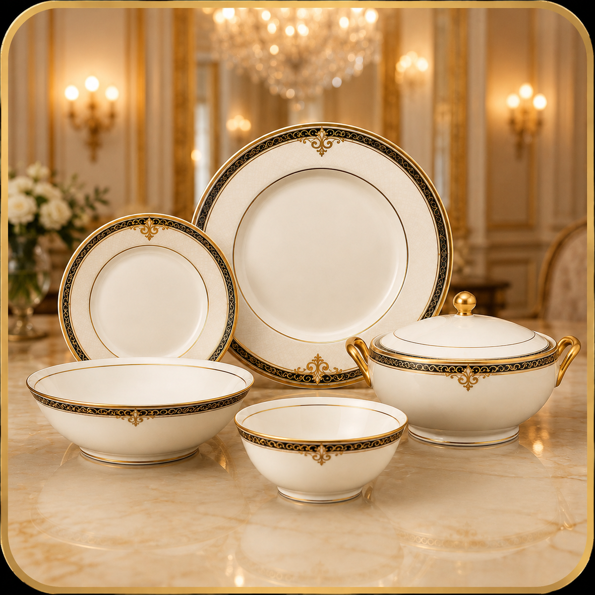 Luxury ivory dinner set with elegant black and gold detailing | Sharjah Centre Multan