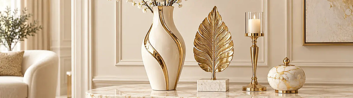 Luxury ivory and gold vase, candleholder and decorative pieces