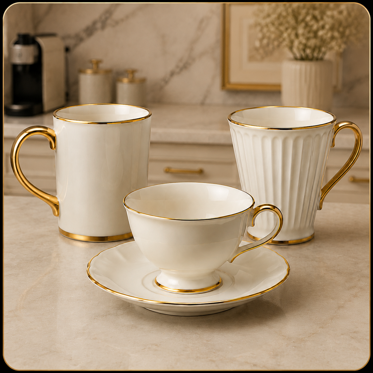 Premium white and gold cups and mugs collection