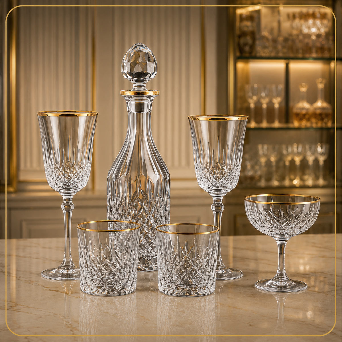 Premium crystal drinking glasses with elegant gold rims