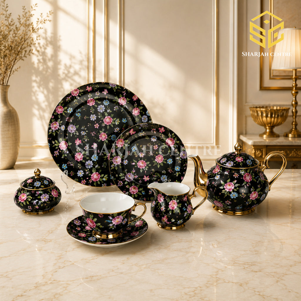 One More black floral 24-piece tea set with 6 person serving and gold-tone accents virtual bg