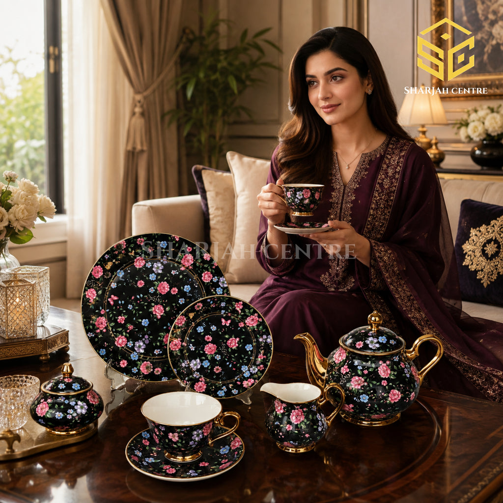 One More black floral 24-piece tea set with 6 person serving and gold-tone accents model bg