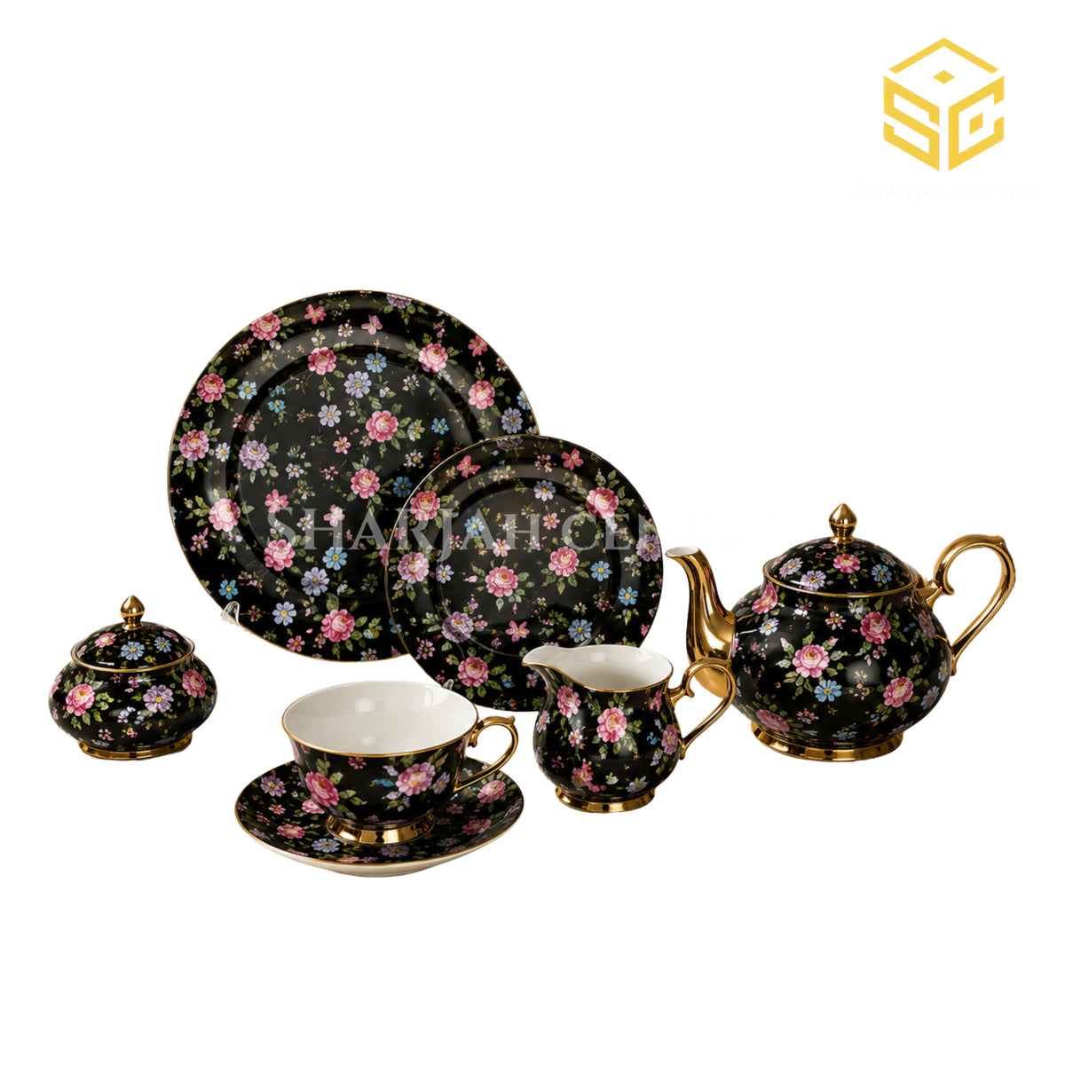 One More black floral 24-piece tea set with 6 person serving and gold-tone accents white bg