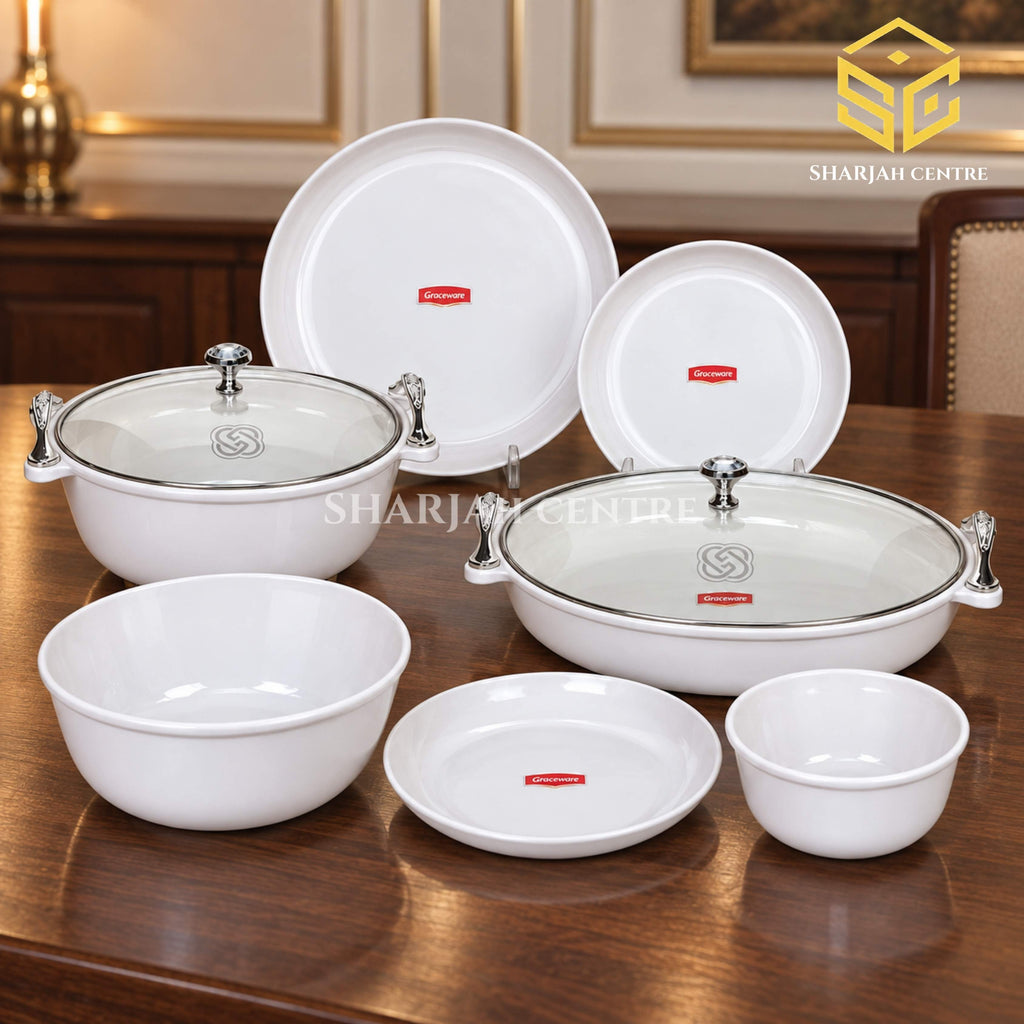 white dinner set, Graceware Regal Chrome Edition, plates and bowls with two covered serving dishes, wooden table display