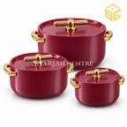 Forever Gold red and gold three-piece insulated hotpot set displayed on a luxury white bg