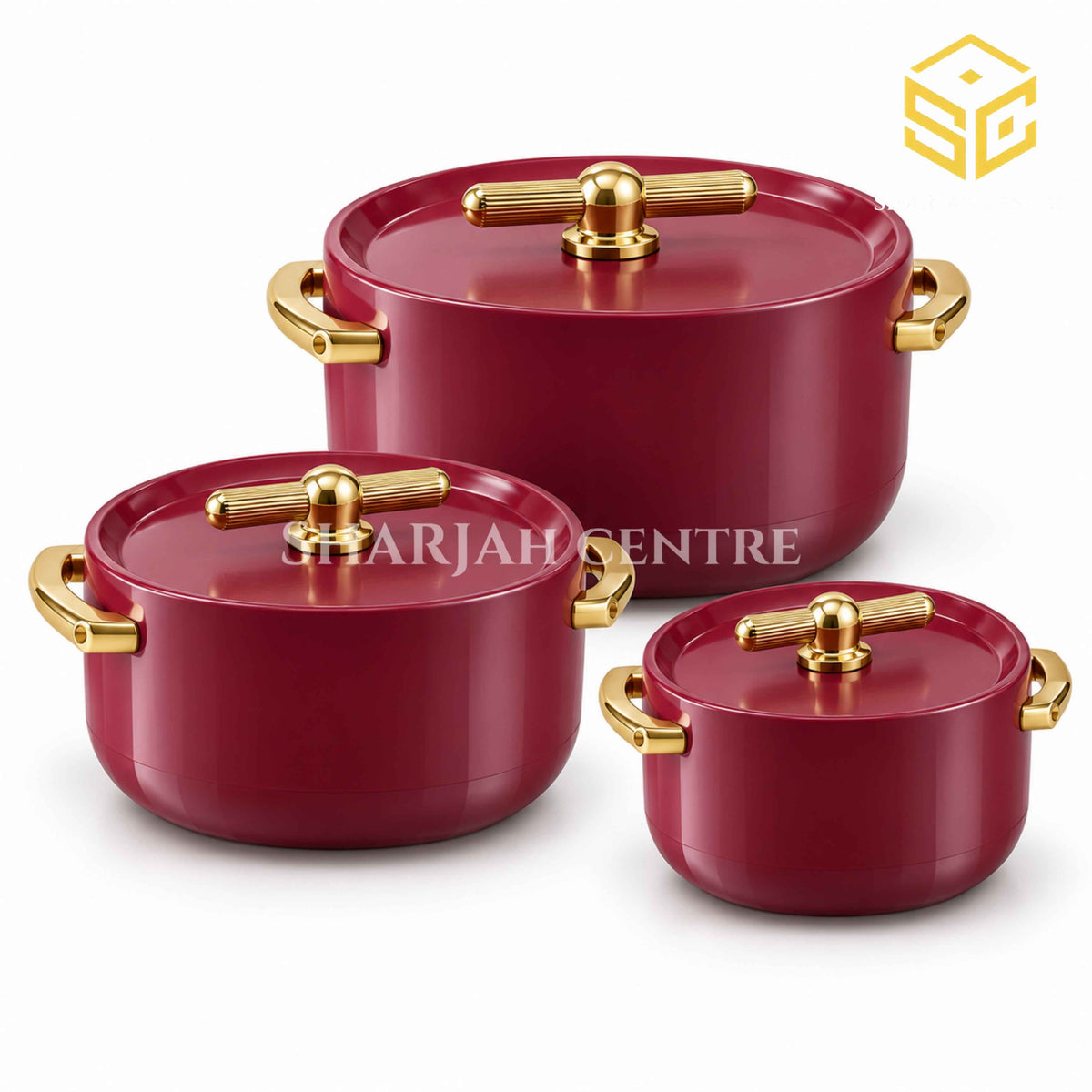 Forever Gold red and gold three-piece insulated hotpot set displayed on a luxury white bg