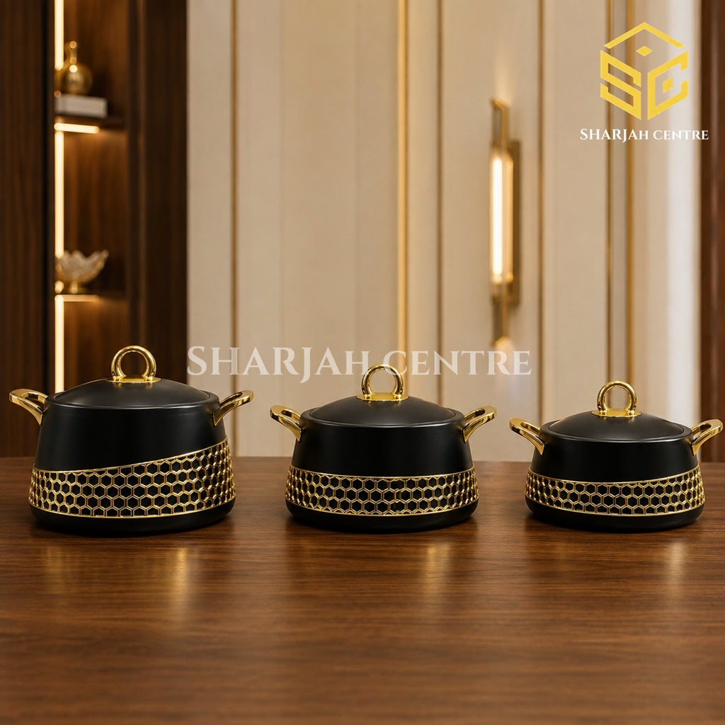 Three piece matte black insulated hotpot set with gold honeycomb detailing wooden bg