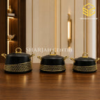 Three piece matte black insulated hotpot set with gold honeycomb detailing wooden bg