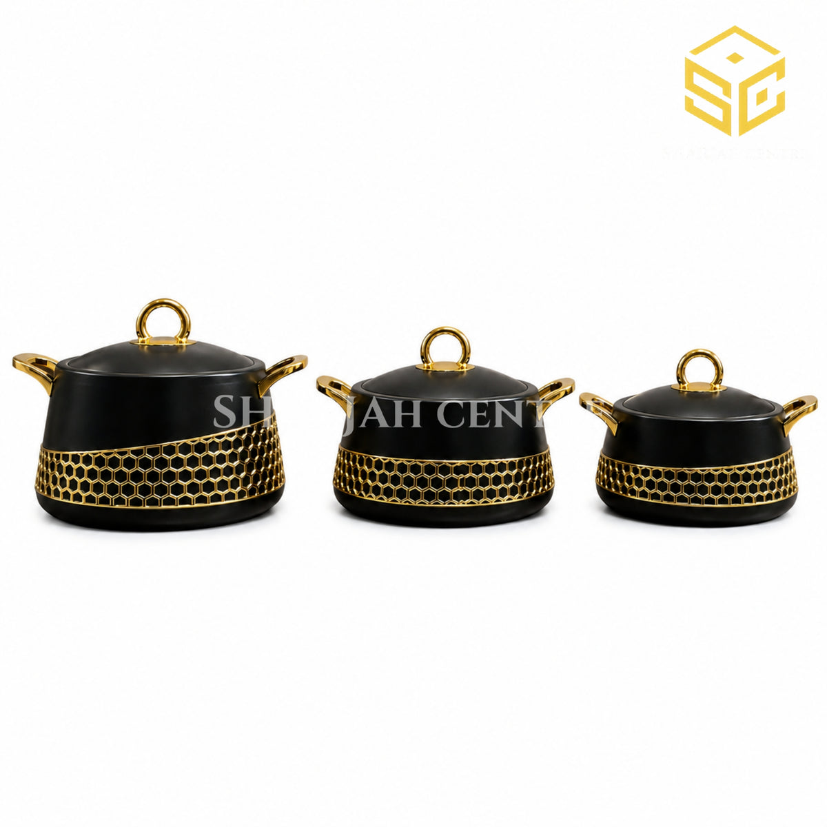 Three piece matte black insulated hotpot set with gold honeycomb detailing white bg
