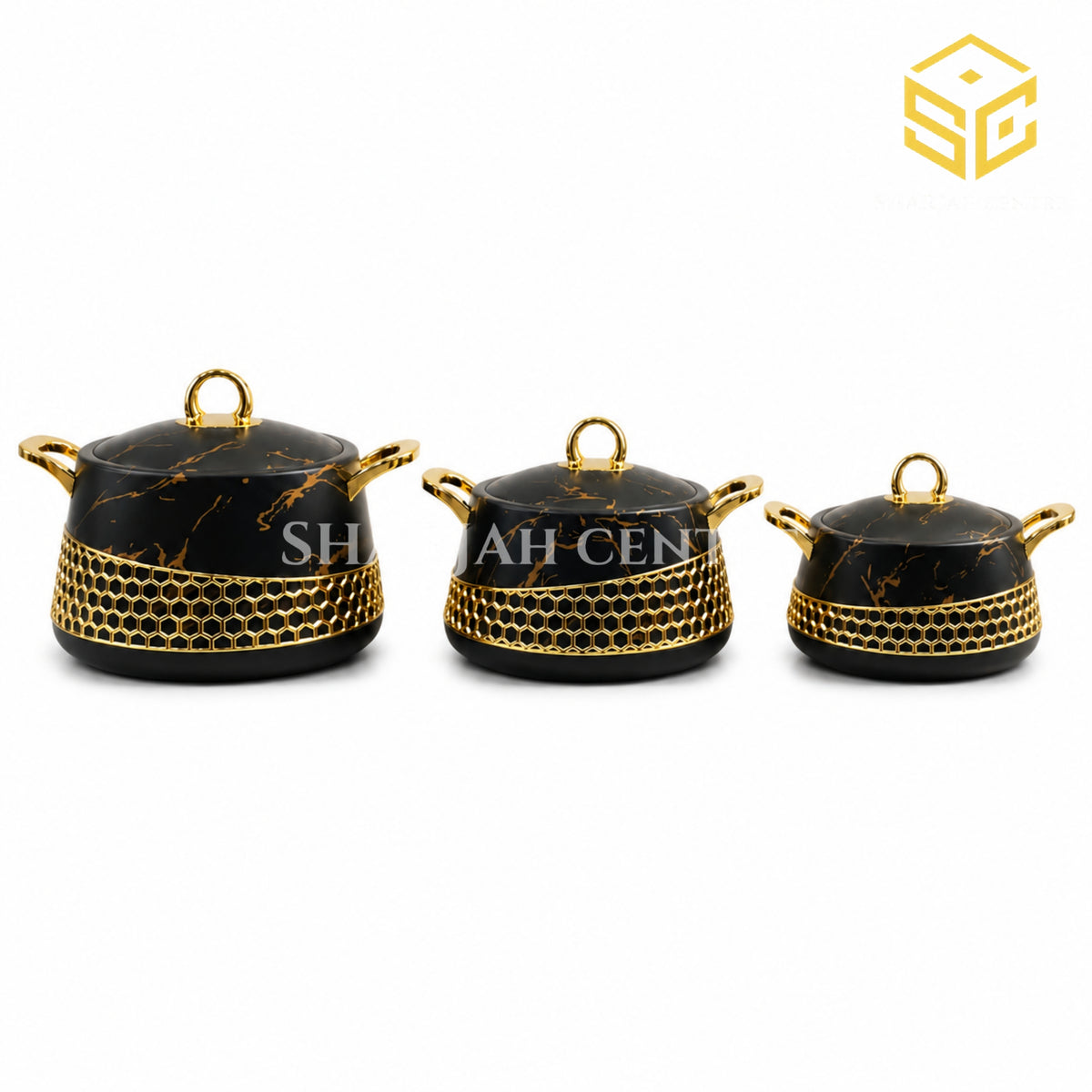 Three piece black marble insulated hotpot set with metallic gold honeycomb detailing white bg