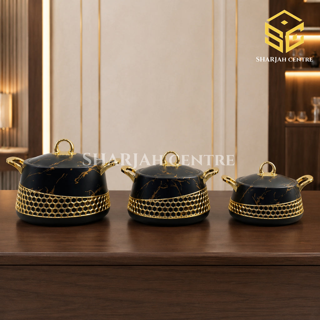 Three piece black marble insulated hotpot set with metallic gold honeycomb detailing wooden bg