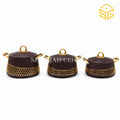 Three piece coffee brown insulated hotpot set with gold honeycomb design and handles white bg