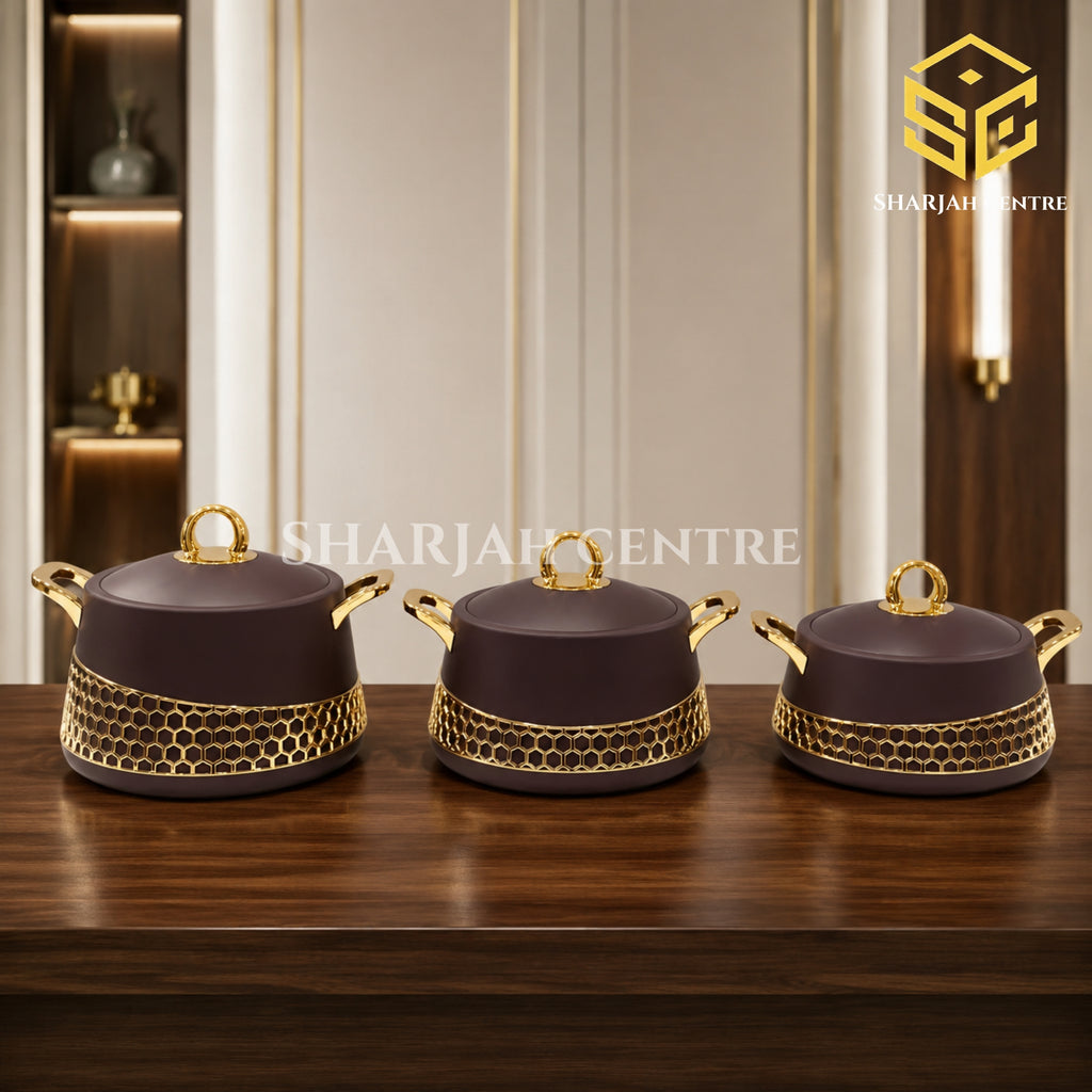 Three piece coffee brown insulated hotpot set with gold honeycomb design and handles wooden bg