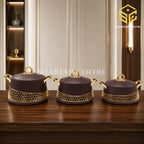 Three piece coffee brown insulated hotpot set with gold honeycomb design and handles wooden bg