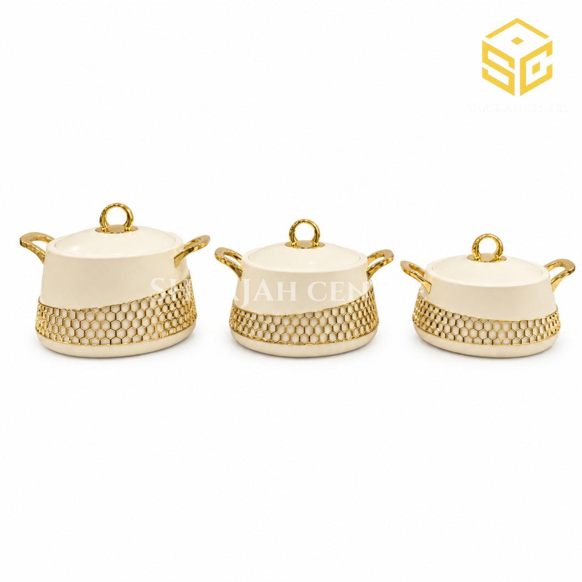 Three piece ivory cream insulated hotpot set with gold handles and honeycomb design white bg