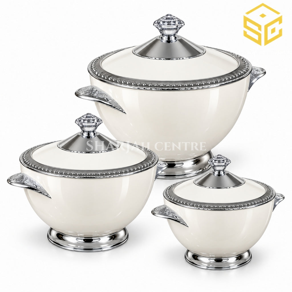Ivory and silver 3-piece insulated hotpot set in 3L, 2.5L and 2L sizes