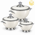 Ivory and silver 3-piece insulated hotpot set in 3L, 2.5L and 2L sizes