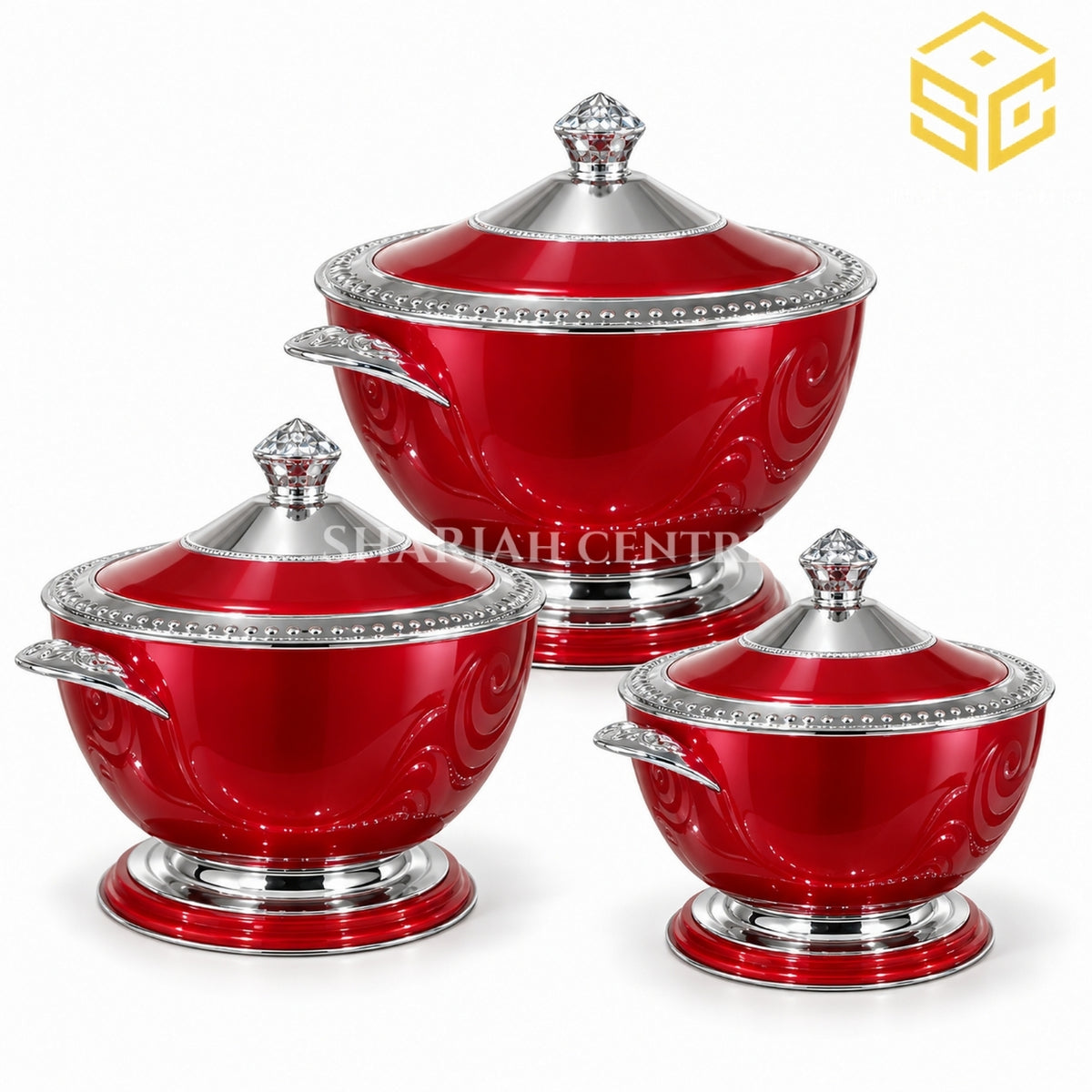 Red and silver 3-piece insulated hotpot set with crystal-style lid knobs