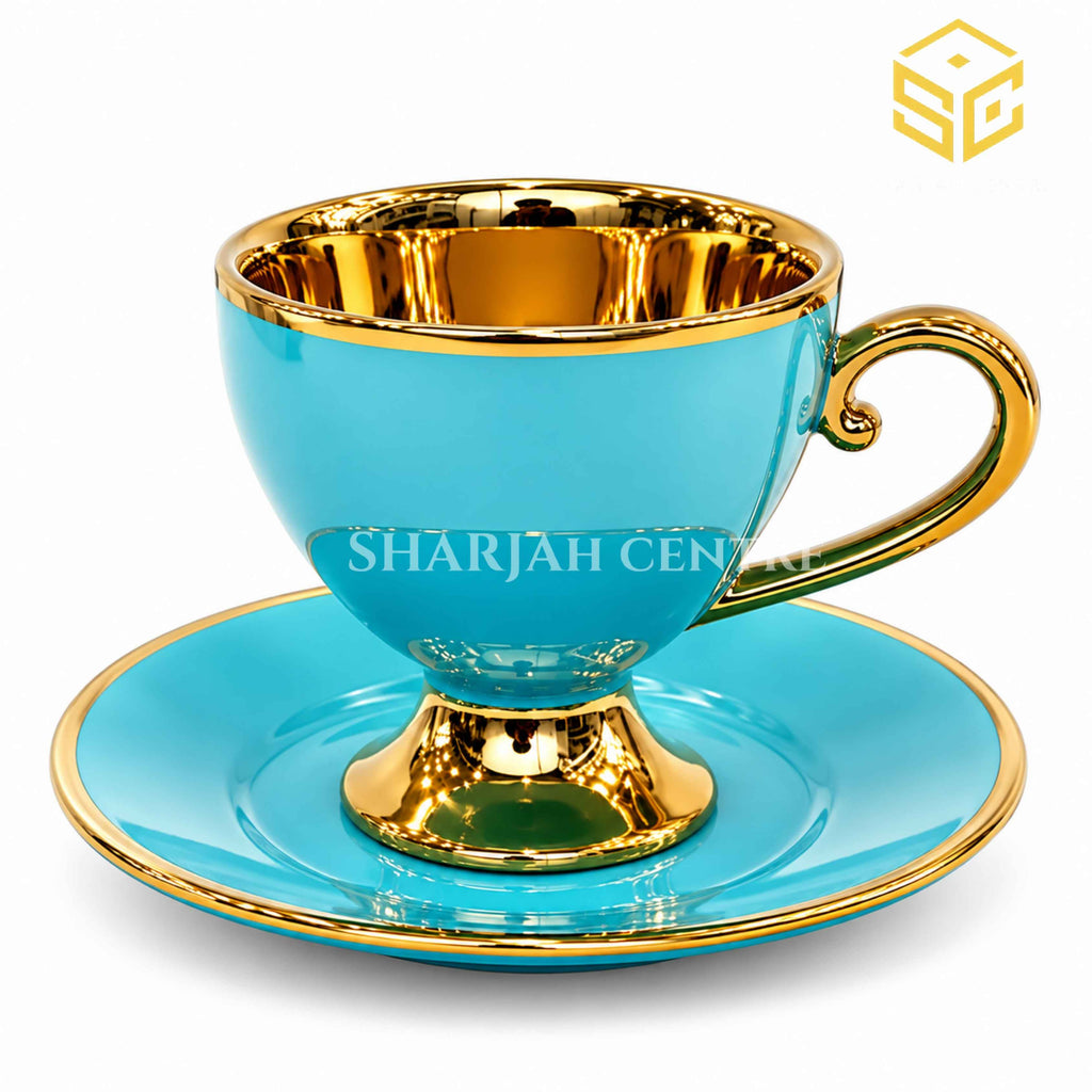 Aqua turquoise and gold scroll handle cup and saucer – Sharjah Centre Multan