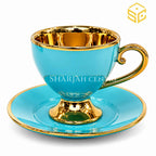 Aqua turquoise and gold scroll handle cup and saucer – Sharjah Centre Multan