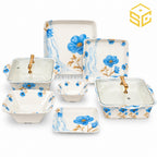 AURA melamine dinner set, 72 piece dinner set, 8 person dinnerware set, double glazed melamine crockery, blue floral melamine plates bowls and dishes, Sharjah Centre Multan