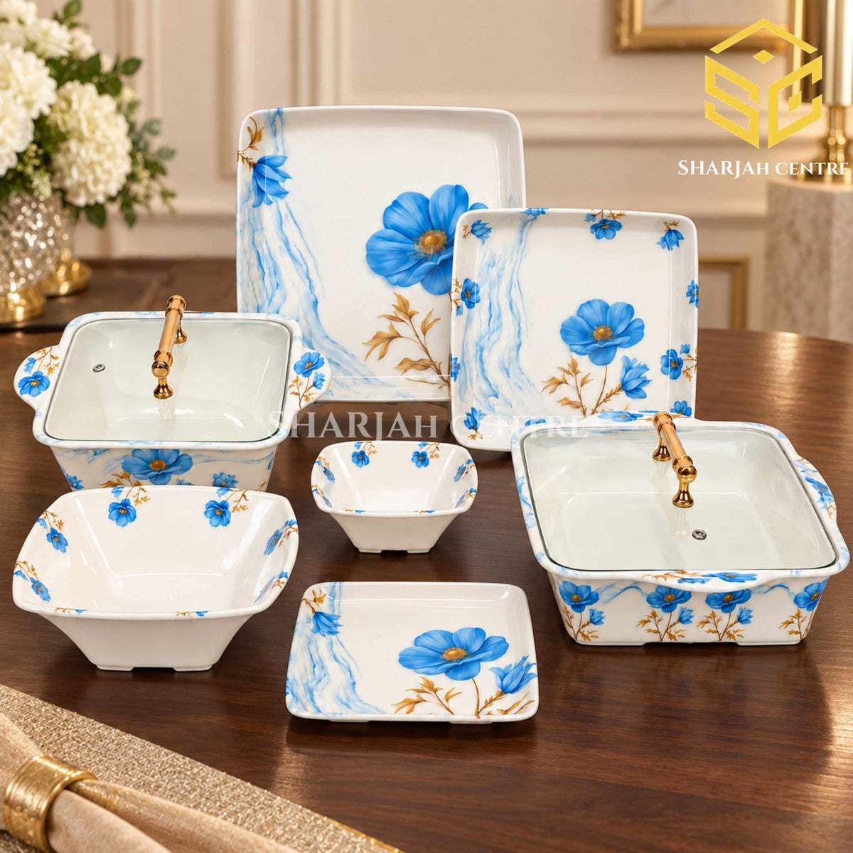 AURA double glazed melamine dinner set, 72 pieces, 8 person serving, blue floral dinnerware set, melamine plates bowls and serving dishes, luxury table, Sharjah Centre Multan