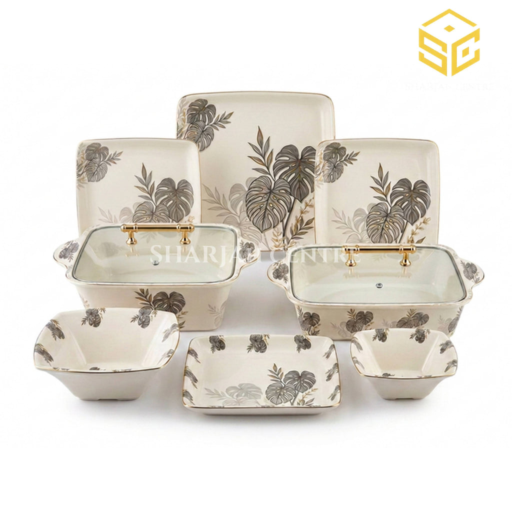 AURA No 907 melamine dinner set, 72 pieces, 8 person serving, double glazed melamine crockery, grey Monstera leaf design, glass lid serving dishes, gold tone handles, white background