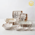 AURA No 915 melamine dinner set, 72 pieces, 8 person serving, double glazed melamine crockery, black tree brown landscape design, square dinnerware set, glass lid serving dishes