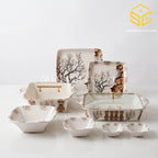 AURA No 915 melamine dinner set, 72 pieces, 8 person serving, double glazed melamine crockery, black tree brown landscape design, square dinnerware set, glass lid serving dishes
