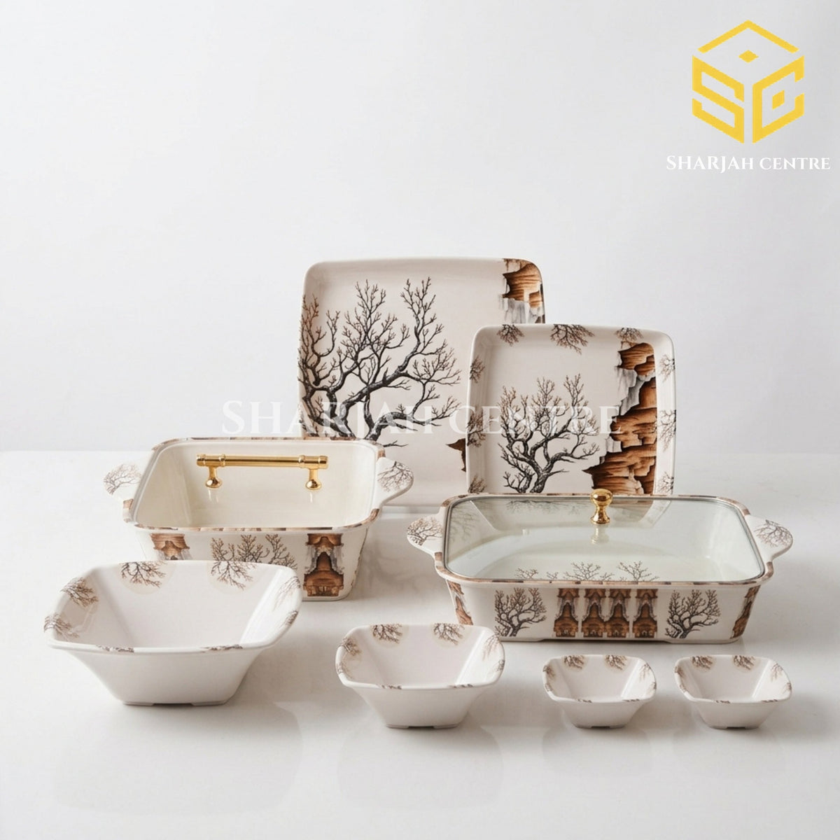 AURA No 915 melamine dinner set, 72 pieces, 8 person serving, double glazed melamine crockery, black tree brown landscape design, square dinnerware set, glass lid serving dishes