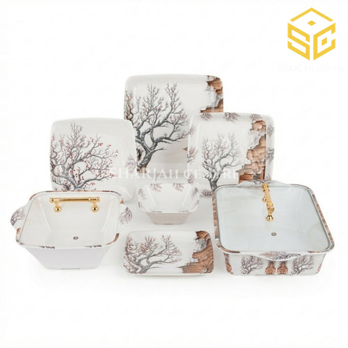 AURA No 915 melamine dinner set, 72 pieces, 8 person serving, double glazed melamine crockery, black tree brown landscape design, square dinnerware set, glass lid serving dishes
