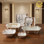 AURA double glazed melamine dinner set, 72 piece dinnerware set, black tree brown rock design, melamine plates bowls dishes, 8 person serving, luxury wooden table