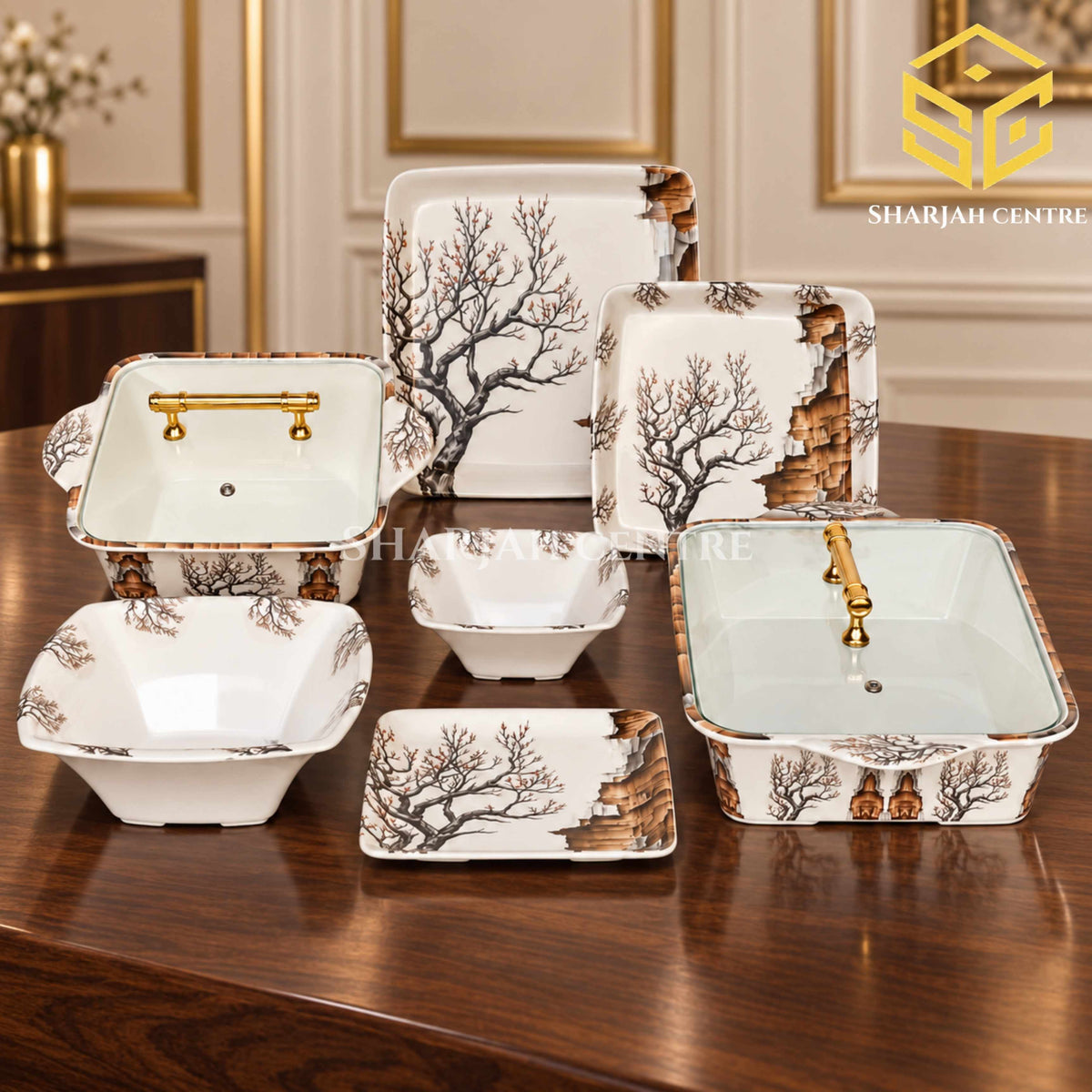 AURA double glazed melamine dinner set, 72 piece dinnerware set, black tree brown rock design, melamine plates bowls dishes, 8 person serving, luxury wooden table