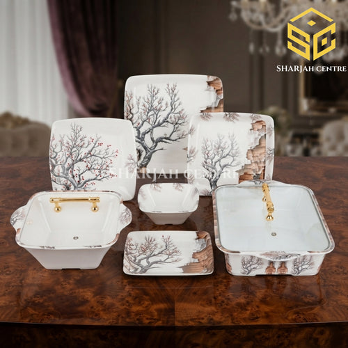 AURA double glazed melamine dinner set, 72 piece dinnerware set, black tree brown rock design, melamine plates bowls dishes, 8 person serving, luxury wooden table