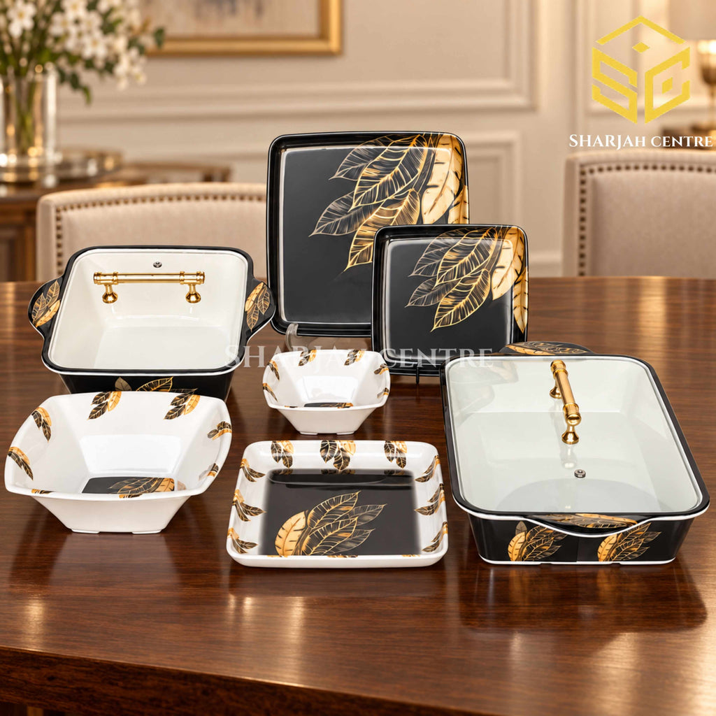 AURA double glazed melamine dinner set, 72 pieces, 8 person serving, black gold leaf dinnerware set, melamine plates bowls and serving dishes, luxury dining table, Sharjah Centre Multan