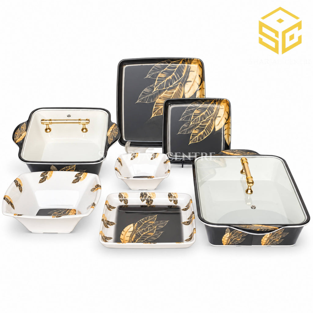 AURA melamine dinner set, 72 piece dinner set, 8 person dinnerware set, double glazed melamine crockery, black and gold leaf design, melamine plates bowls and serving dishes, Sharjah Centre Multan