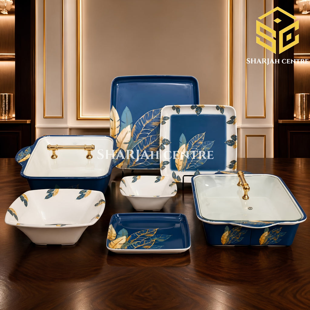 Aura 72 piece melamine dinner set, blue leaf dinner set, 8 person melamine crockery, double glazed dinnerware, luxury dining table display, square melamine dishes, Sharjah Centre Multan