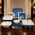 Aura 72 piece melamine dinner set, blue leaf dinner set, 8 person melamine crockery, double glazed dinnerware, luxury dining table display, square melamine dishes, Sharjah Centre Multan