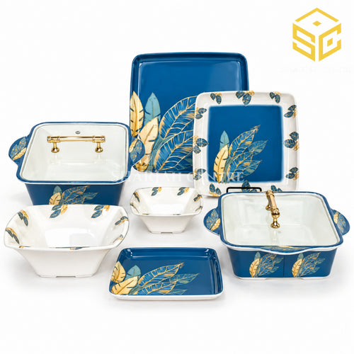 Aura melamine dinner set, 72 piece dinner set, 8 person dinnerware set, double glazed melamine, blue and white dinner set, gold leaf design, melamine plates, melamine bowls, melamine dishes, Sharjah Centre Multan