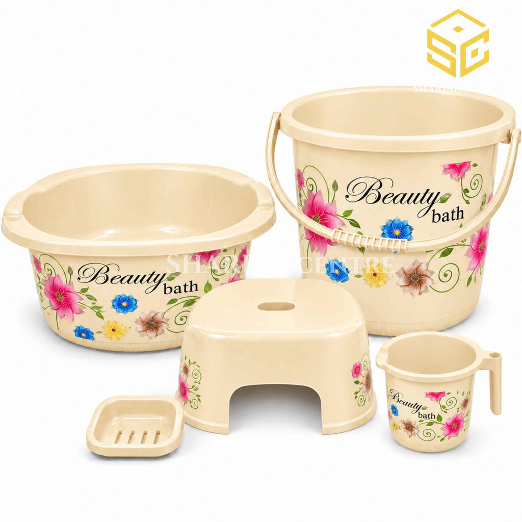 Beauty Bath 5-piece biege floral plastic bathroom set with bucket basin stool mug and soap stand
