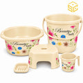 Beauty Bath 5-piece biege floral plastic bathroom set with bucket basin stool mug and soap stand