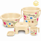 Beauty Bath 5-piece biege floral plastic bathroom set with bucket basin stool mug and soap stand