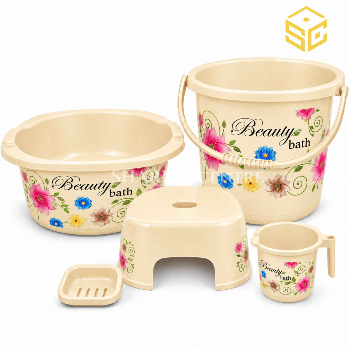 Beauty Bath 5-piece biege floral plastic bathroom set with bucket basin stool mug and soap stand