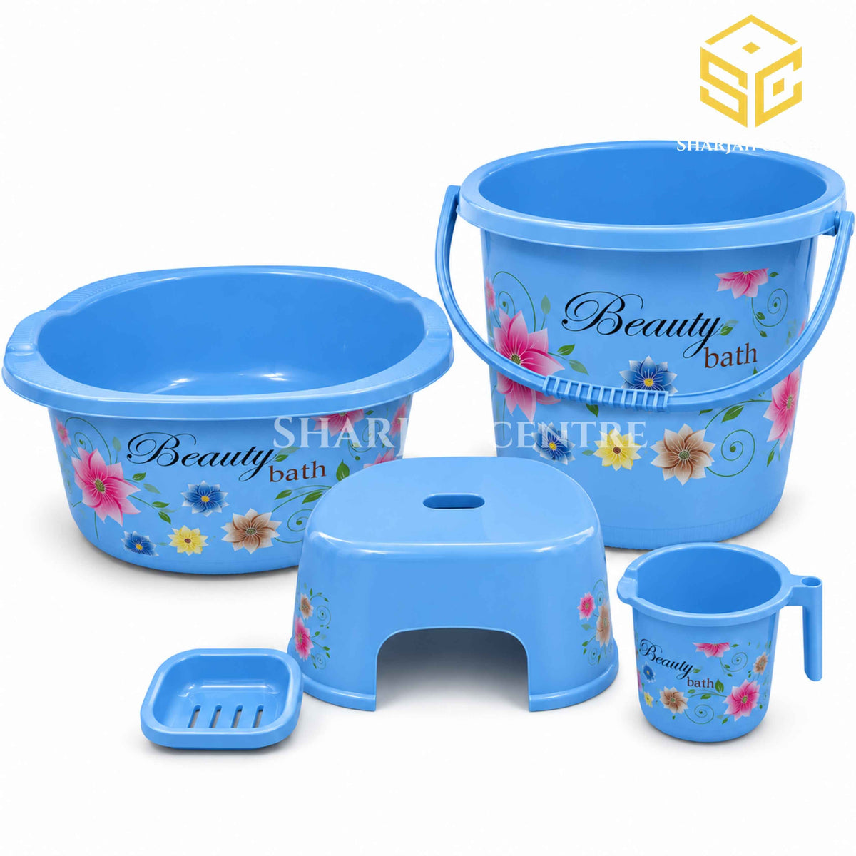 Beauty Bath blue 5-piece plastic bathroom set available at Sharjah Centre Multan