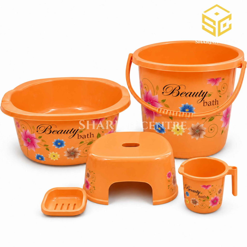 Beauty Bath orange 5-piece high-grade plastic bathroom set with floral design