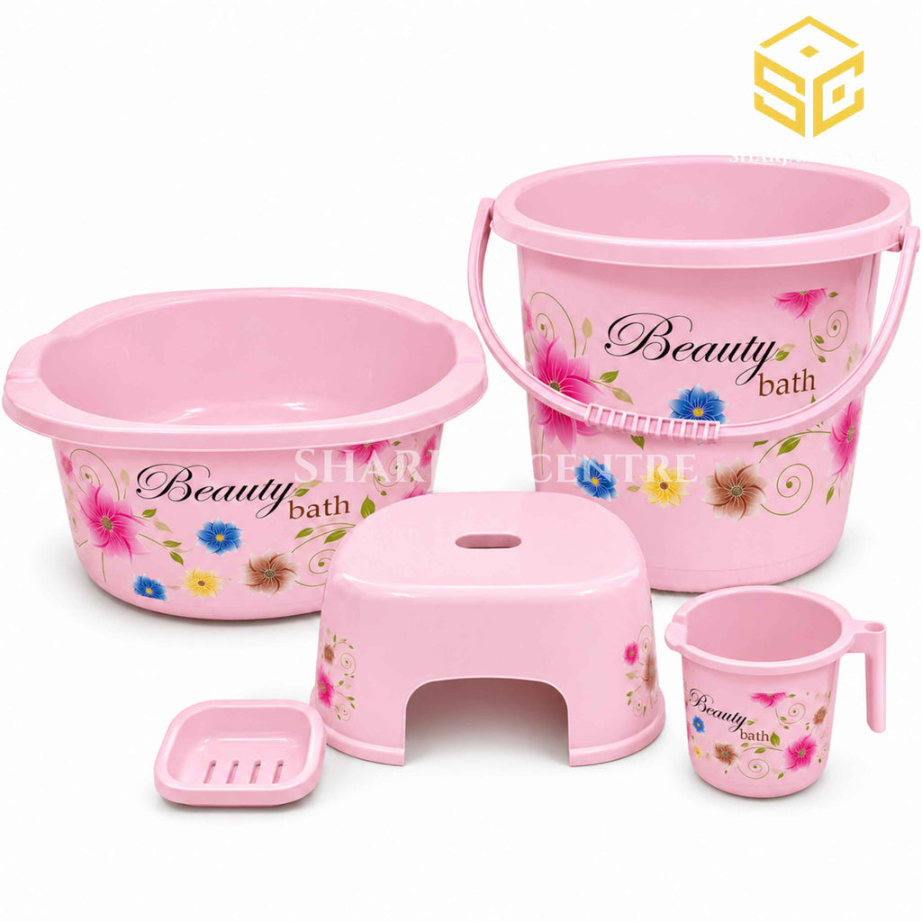Beauty Bath pink 5-piece floral bathroom set with bucket basin stool bath mug and soap stand