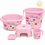 Beauty Bath pink 5-piece floral bathroom set with bucket basin stool bath mug and soap stand