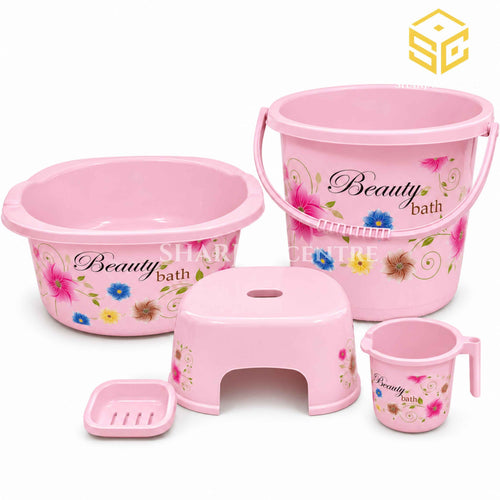 Beauty Bath pink 5-piece floral bathroom set with bucket basin stool bath mug and soap stand