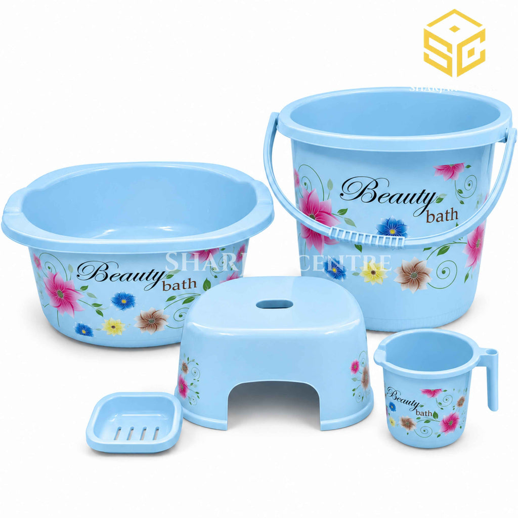 Beauty Bath sky blue floral bathroom set with bucket basin stool mug and soap stand