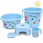 Beauty Bath sky blue floral bathroom set with bucket basin stool mug and soap stand